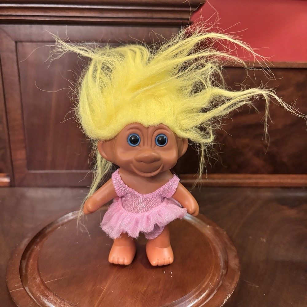 Vintage 1991 TNT Troll Doll Yellow Hair Pink Ballerina Tutu Blue Eyes 5"